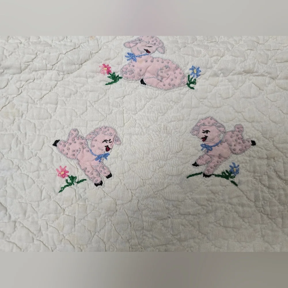 Vtg Handmade Quilt Emroidery Baby Blanket Decor Lamb Flowers Pink Nursery